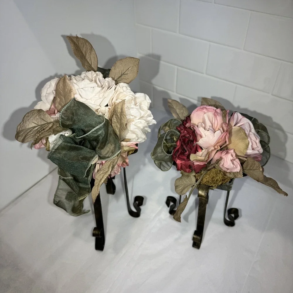 Artificial Pink/Dusty Rose/moss Flower FAUX Bouquet w Iron Legs Green Ribbon‎